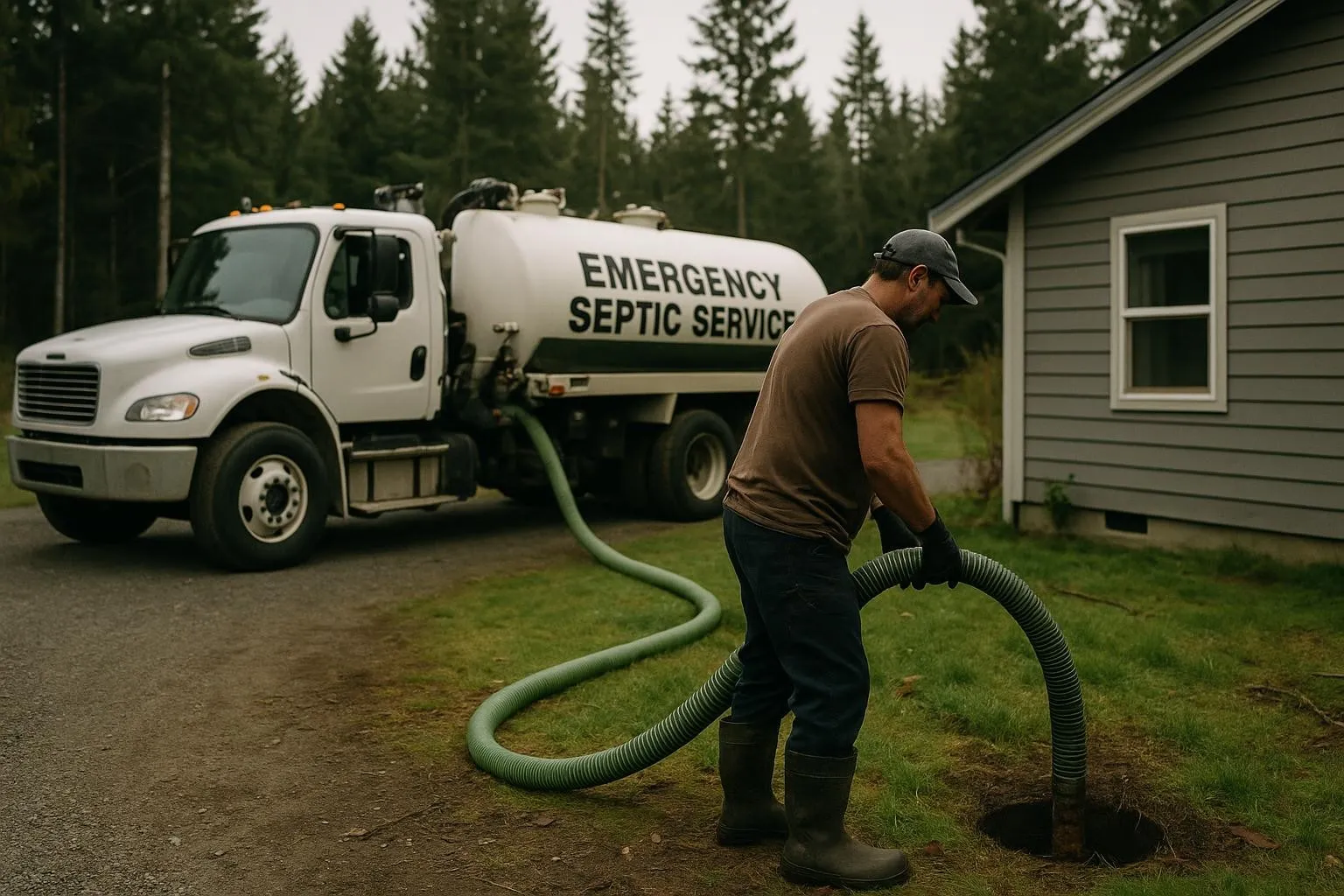 Emergency septic service truck responding to a backup at an Olympic Peninsula home