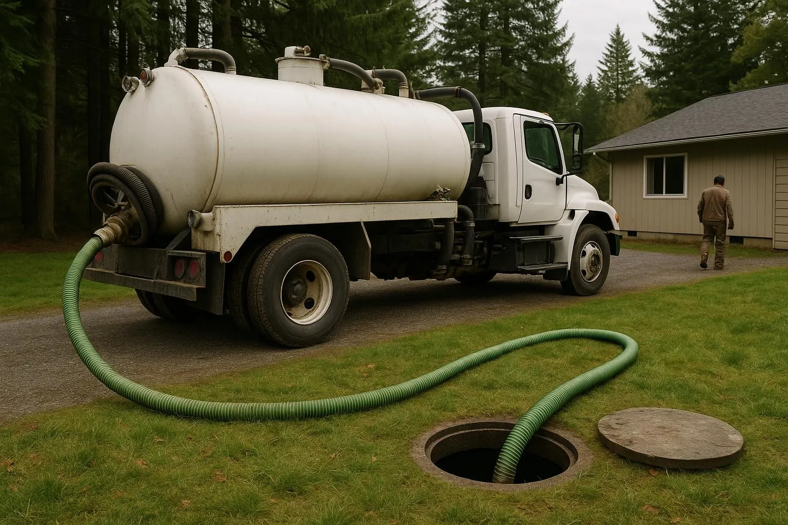 Emergency septic service truck responding to a backup at an Olympic Peninsula home