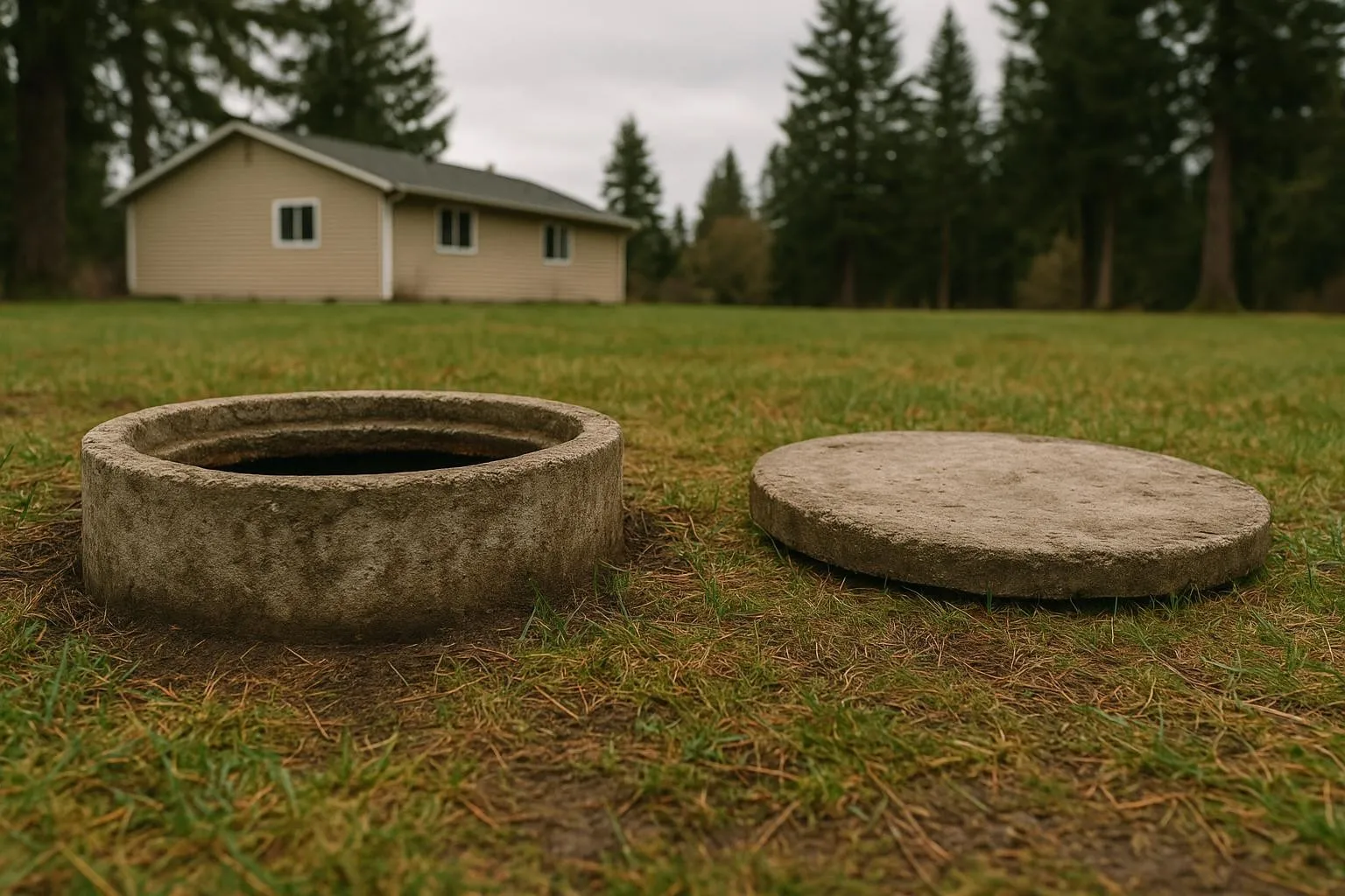 Septic technician inspecting an open tank at an Olympic Peninsula home
