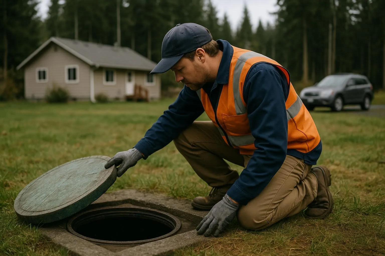Septic technician inspecting an open tank at an Olympic Peninsula home