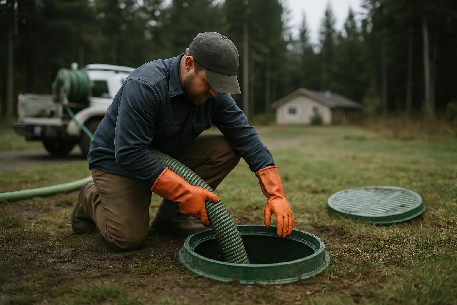 Technician cleaning an open septic tank at an Olympic Peninsula property